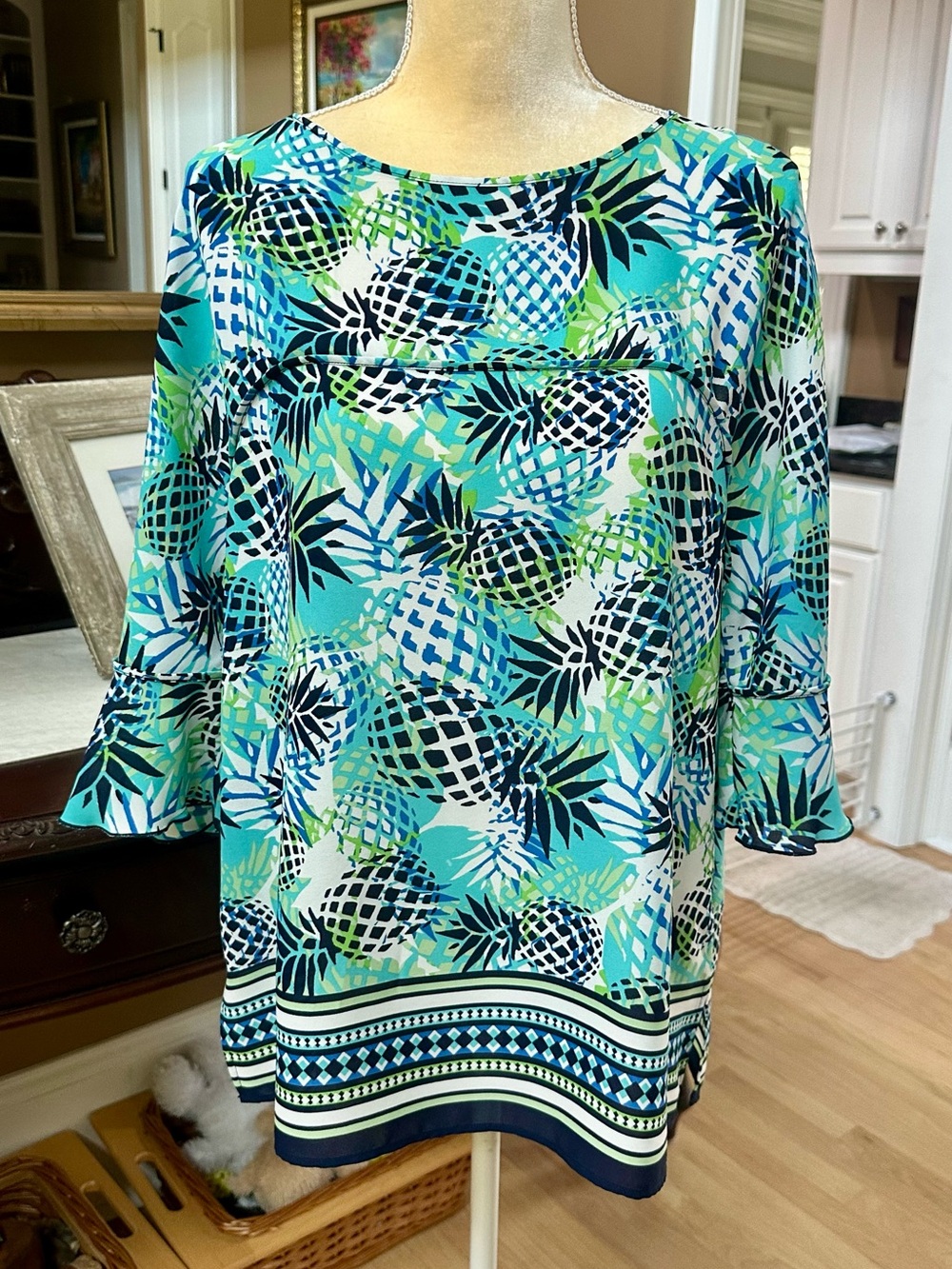 Pappagallo Pineapple Print Top in Aqua, Navy & Lime